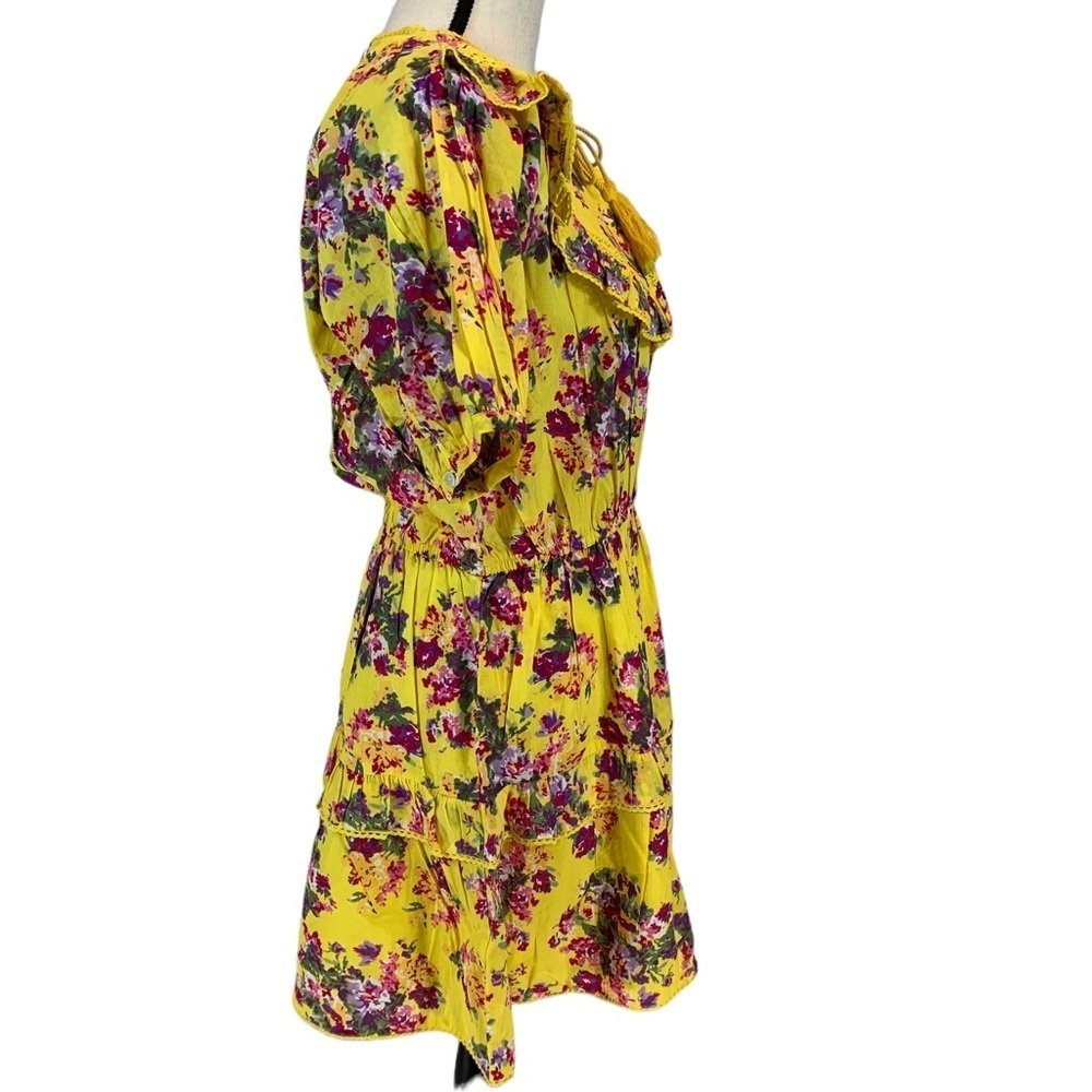 Maisie 100% Cotton Short Puff Sleeve Floral Ruffle Mini Dress - Yellow - Large - Picture 2 of 9